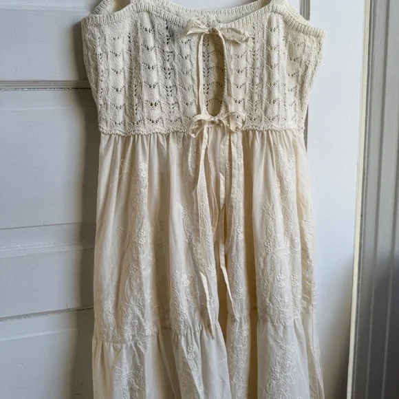 Zara Contrasting Embroidered Knit Dress Cotton Blend Tie Back NWT L Cottagecore - Picture 11 of 13